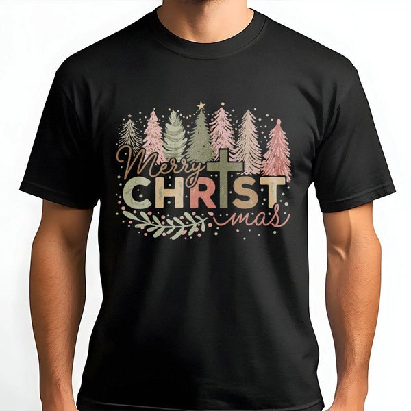 Christian Cross Christmas Tree Graphic Tee, Merry Christ-Mas T-Shirt, Religious Holiday Faith Shirt, Jesus Is the Reason Chri