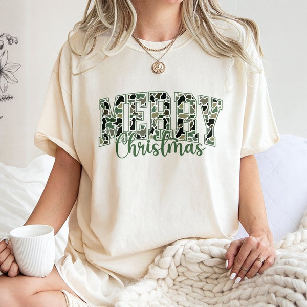 Camo Christmas Shirt, Camo Merry Christmas T-Shirt, Woodland Camo Holiday Tee, Hunting Christmas Graphic Shirt, Outdoor Hunte