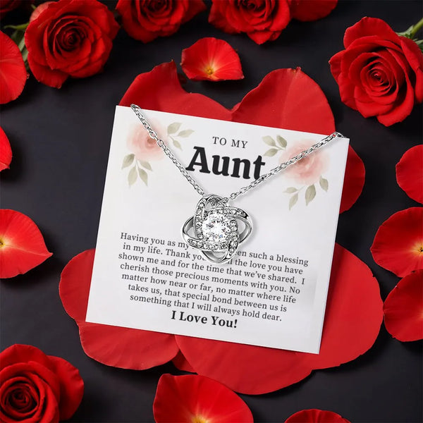 Heartfelt Message Card Necklace, Aunt Love Knot Necklace, CZ Crystal Pendant Necklace, Gold Finish Aunt Jewelry, Birthday or 