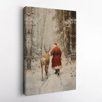 Snowy Forest Reindeer Canvas Print, Vintage Santa Claus Canvas Wall Art, Christmas Holiday Wall Decor, Vintage Santa Canvas Art, Xmas Present
