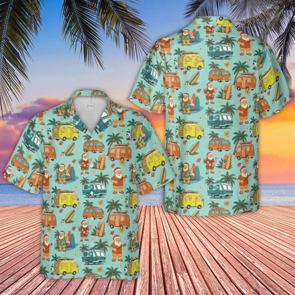Tropical Christmas Camper Van Aloha Shirt, Surfing Santa Hawaiian Shirt, Humorous Holiday Short Sleeve Shirt, Summer Beach Xm