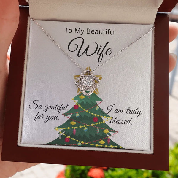 Christmas Message Card Necklace, Love Knot Necklace for Wife, 14k White Gold Over Steel Necklace, Romantic Holiday Jewelry Pr