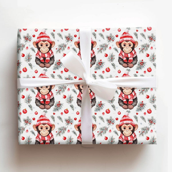 Watercolor Animal Holiday Gift Wrap, Adorable Christmas Monkey Wrapping Paper, Winter Hat Monkey Wrapping Paper, Festive Pine