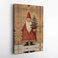 Distressed Christmas Tree Canvas Wall Art, Rustic Folk Art Santa Canvas Print, Vintage Santa Canvas Art, Holiday Winter Home Decor Present