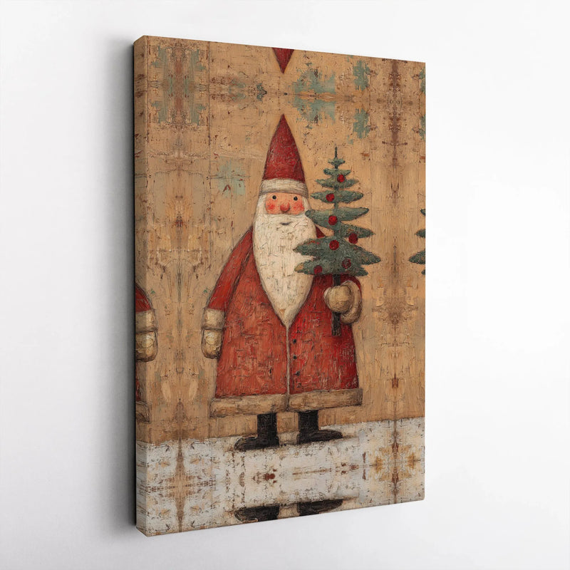 Distressed Christmas Tree Canvas Wall Art, Rustic Folk Art Santa Canvas Print, Vintage Santa Canvas Art, Holiday Winter Home Decor Present