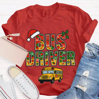 Santa Hat Bus Driver Graphic Tee, School Bus Driver Christmas T-Shirt, Humorous Holiday Driver Shirt, Transportation Staff Xmas Present