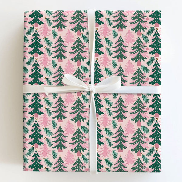 Modern Whimsical Holiday Gift Wrap, Pink and Green Christmas Tree Wrapping Paper, Pine Branch Xmas Wrapping Paper, Festive Pr