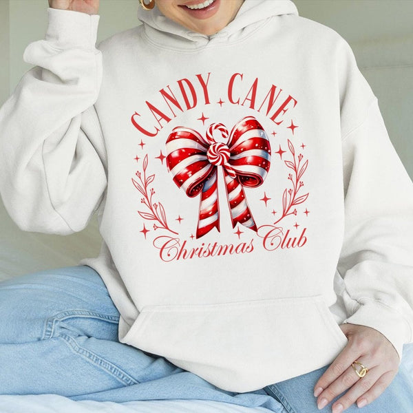 Festive Red Bow Christmas Hooded Sweatshirt, Candy Cane Christmas Club Hoodie, Comfy Holiday Graphic Sweater, Xmas Present fo