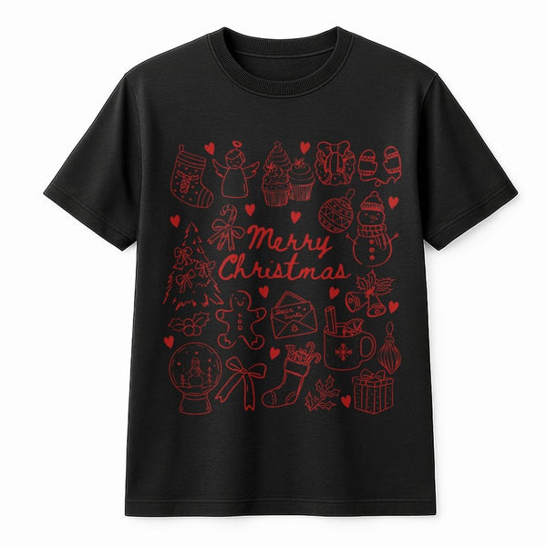 Adorable Holiday Bow Graphic Tee, Merry Christmas Doodles T-Shirt, Festive Doodle Christmas Shirt, Coquette Xmas Tee, Holiday