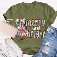 Festive Holiday Graphic Tee, Merry and Bright Tie Dye Tree Shirt, Christmas Tree T-Shirt, Retro Xmas Party Top, Family Holiday Present Tee