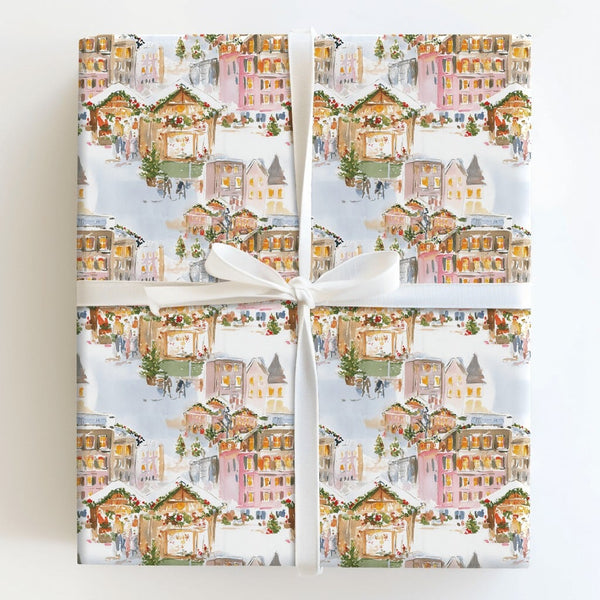 Watercolor Winter Village Gift Wrap, Christmas Market Wrapping Paper, Festive Holiday Wrapping Paper, European Town Xmas Pres