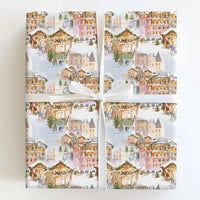 Watercolor Winter Village Gift Wrap, Christmas Market Wrapping Paper, Festive Holiday Wrapping Paper, European Town Xmas Present Wrap