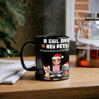 Custom Girl Dog Cat Holiday Mug, Personalized Pet Mom Christmas Mug, Winter Illustration Ceramic Cup, Adorable Present for Pet Lovers