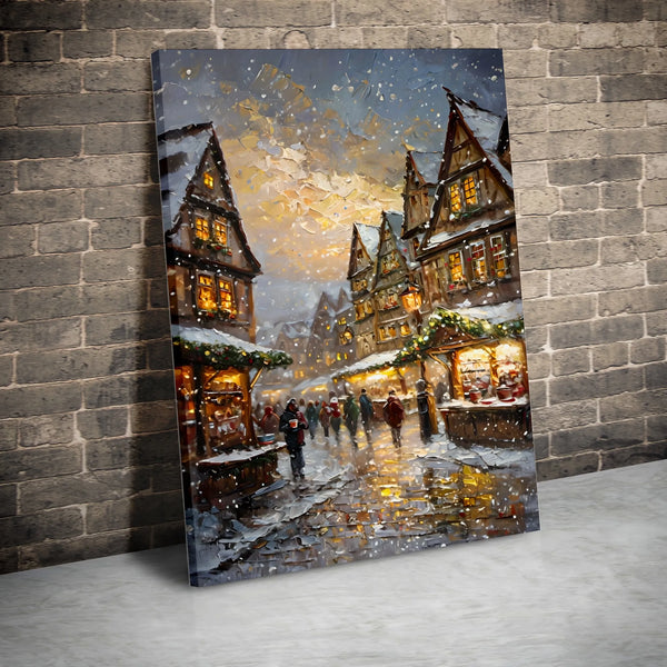 Snowy European Old Town Canvas Art, Christmas Market Canvas Print, Festive Winter Oil Painting Canvas, Comfy Holiday Wall Dec