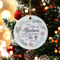 Floral Wreath Religious Christmas Ornament, Magic of Christmas His Presence Ceramic Ornament, Christian Holiday Ornament, Family Present