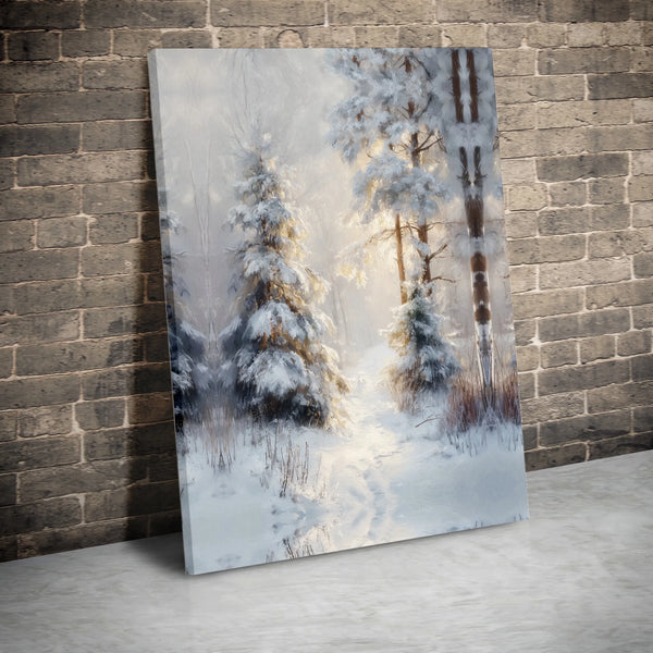 Snowy Pine Trees Landscape Painting Print, Winter Forest Canvas Wall Art, Rustic Woodland Wall Decor, Christmas Digital Downl