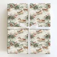 Winter Nature Christmas Gift Wrap, Watercolor Ducks Holly Wrapping Paper, Rustic Wildlife Holiday Paper, Festive Present Wrapping Paper