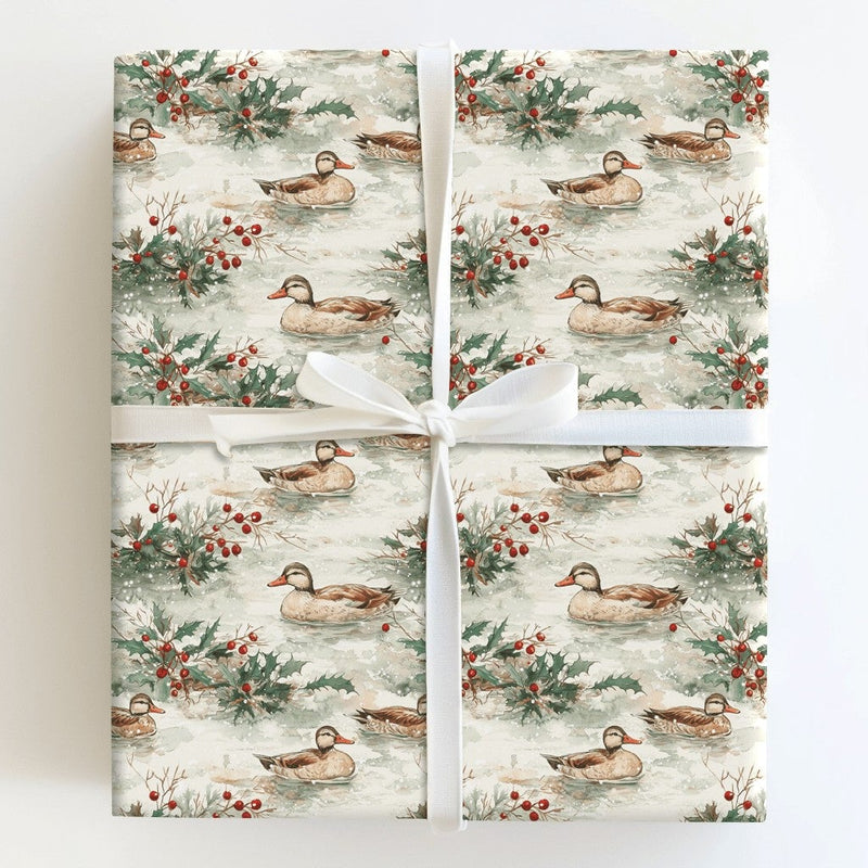 Winter Nature Christmas Gift Wrap, Watercolor Ducks Holly Wrapping Paper, Rustic Wildlife Holiday Paper, Festive Present Wrapping Paper