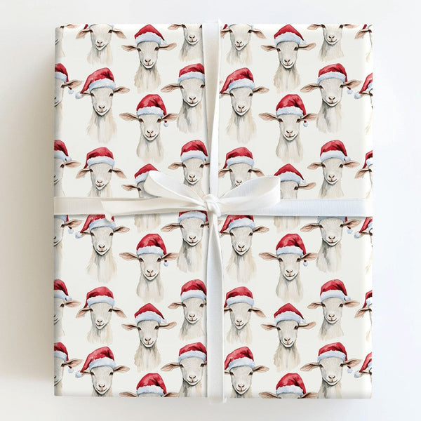 Santa Hat Farm Animal Gift Wrap, Watercolor Christmas Sheep Wrapping Paper, Adorable Holiday Lamb Wrapping Paper, Secret Sant