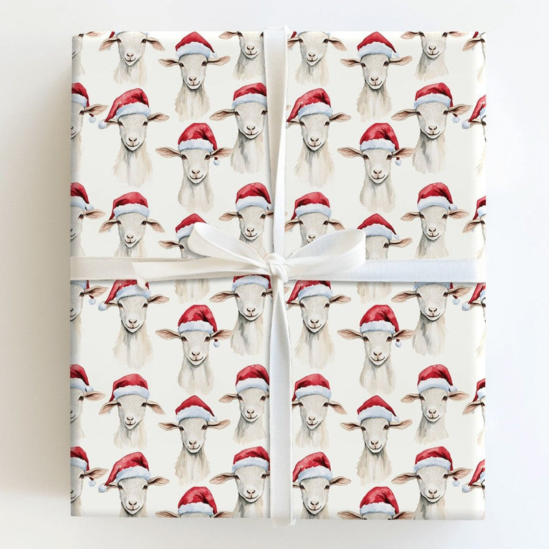 Santa Hat Farm Animal Gift Wrap, Watercolor Christmas Sheep Wrapping Paper, Adorable Holiday Lamb Wrapping Paper, Secret Santa Xmas Gift Wrap
