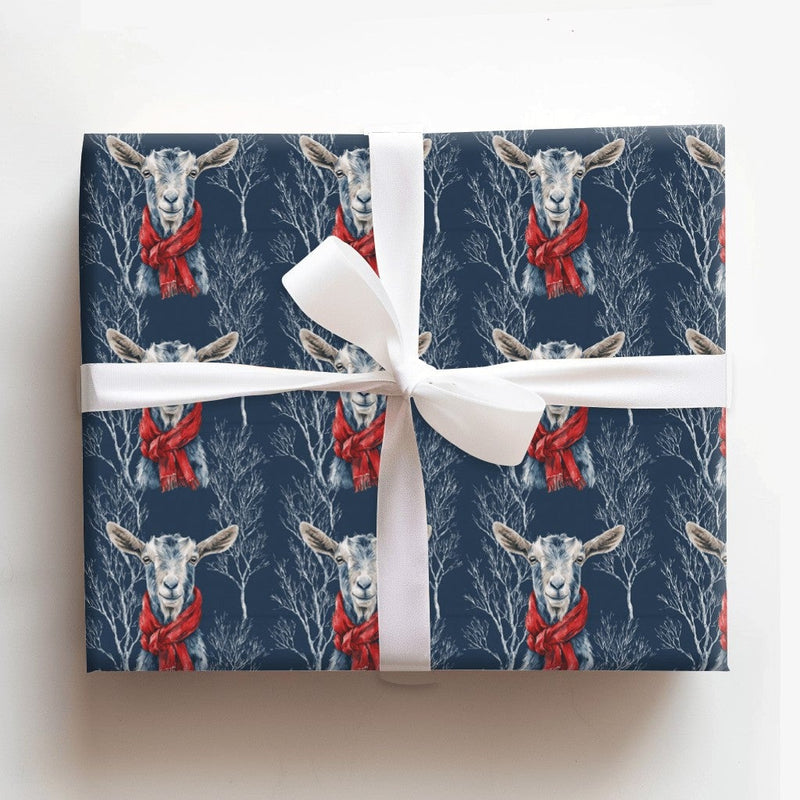 Navy Blue Red Scarf Holiday Gift Wrap, Winter Goat Christmas Wrapping Paper, Farm Animal Christmas Wrapping Paper, Festive Winter Gift Wrap