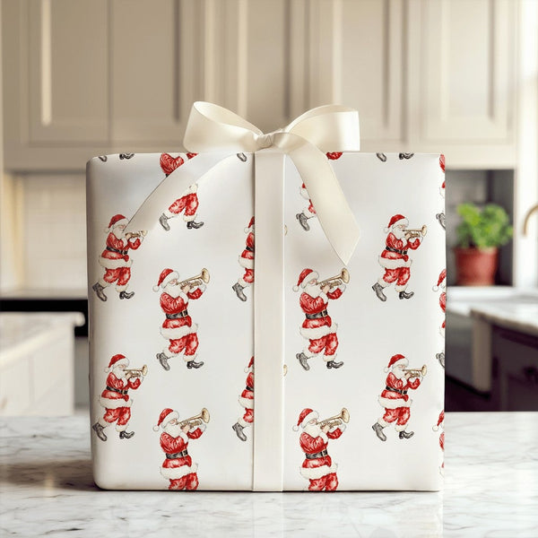 Musical Christmas Gift Wrap, Santa Playing Trumpet Wrapping Paper, Watercolor Santa Present Paper, Holiday Musician Gift Wrap