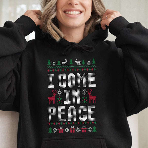 Humorous Ugly Christmas Sweater Style Hoodie, I Come in Peace Hoodie, Retro Alien Xmas Hooded Sweatshirt, Holiday Party Coupl