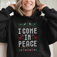Humorous Ugly Christmas Sweater Style Hoodie, I Come in Peace Hoodie, Retro Alien Xmas Hooded Sweatshirt, Holiday Party Couple Present