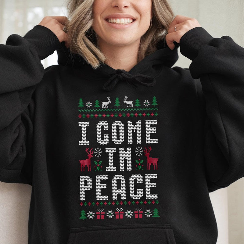 Humorous Ugly Christmas Sweater Style Hoodie, I Come in Peace Hoodie, Retro Alien Xmas Hooded Sweatshirt, Holiday Party Couple Present