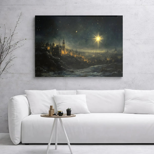 Snowy City Night Christmas Canvas Print, Star of Bethlehem Canvas Art, Religious Holiday Wall Decor Canvas, Winter Christian 