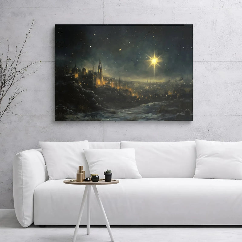 Snowy City Night Christmas Canvas Print, Star of Bethlehem Canvas Art, Religious Holiday Wall Decor Canvas, Winter Christian Home Decor
