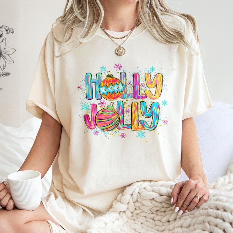 Retro Colorful Holiday Ornament Graphic Tee, Holly Jolly Christmas T-Shirt, Vintage Xmas Tree T-Shirt, Merry Christmas Graphic Top