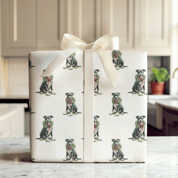 Black Pitbull Holiday Wreath Gift Wrap, Pit Bull Christmas Wrapping Paper, Dog Lover Christmas Wrapping Paper, Adorable Dog H