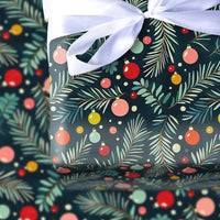 Pine Branch Holiday Gift Wrap, Colorful Ornaments Christmas Wrapping Paper, Navy Blue Xmas Wrapping Paper, Festive Winter Gift Wrap Roll