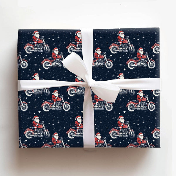 Motorcycle Santa Claus Gift Wrap, Biker Santa Wrapping Paper, Chopper Santa Holiday Paper, Biker Christmas Wrapping Paper, Bi
