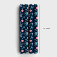 Retro Holiday Gift Wrap Roll, Pink Disco Ball Christmas Wrapping Paper, Navy Blue Pine Ornament Present Paper, Groovy Festive Gift Wrapping
