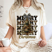 Leopard Bow Holiday Tree Graphic Shirt, Camo Merry Christmas T-Shirt, Rustic Western Xmas Tee, Southern Winter Holiday Shirt for Women