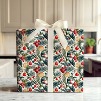 Botanical Berry Gift Wrap, Watercolor Pine Holly Christmas Wrapping Paper, Festive Holiday Wrapping Paper, Xmas Present Wrap Roll