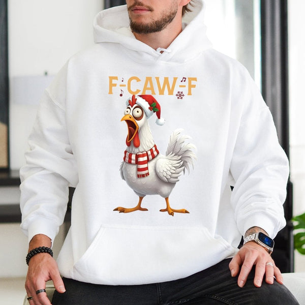 F-Caw-F Music Note Graphic Hoodie, Humorous Chicken Christmas Hoodie, Adorable Farm Animal Holiday Hoodie, Sarcastic Xmas Bir