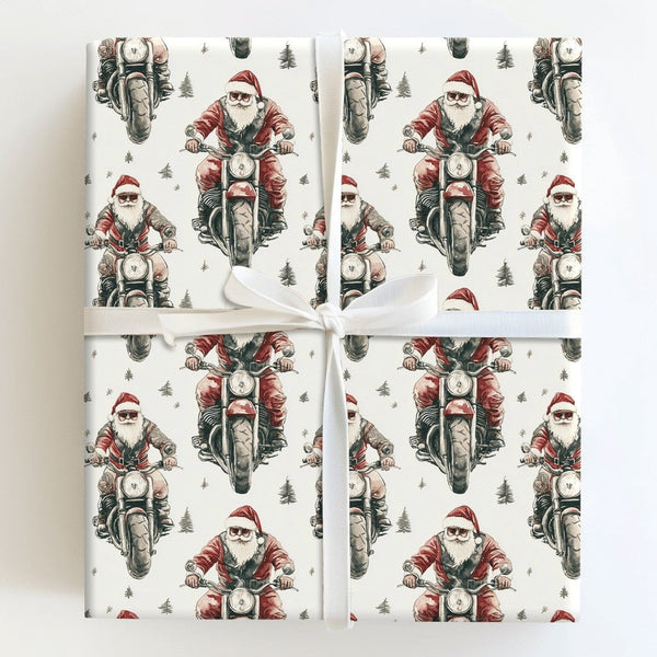 Motorcycle Christmas Gift Wrap, Biker Santa Wrapping Paper, Cool Santa Holiday Wrapping Paper, Retro Motorcyclist Xmas Gift W