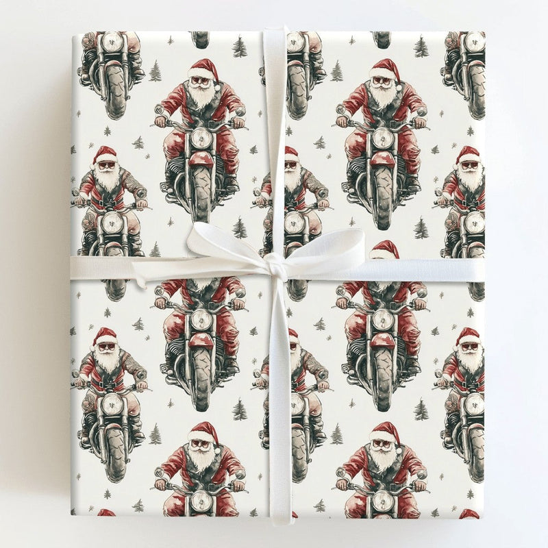Motorcycle Christmas Gift Wrap, Biker Santa Wrapping Paper, Cool Santa Holiday Wrapping Paper, Retro Motorcyclist Xmas Gift Wrap Roll