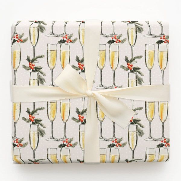 Holly and Pine Holiday Gift Wrap, Champagne Flute Wrapping Paper, New Years Eve Party Wrapping Paper, Christmas Celebration G