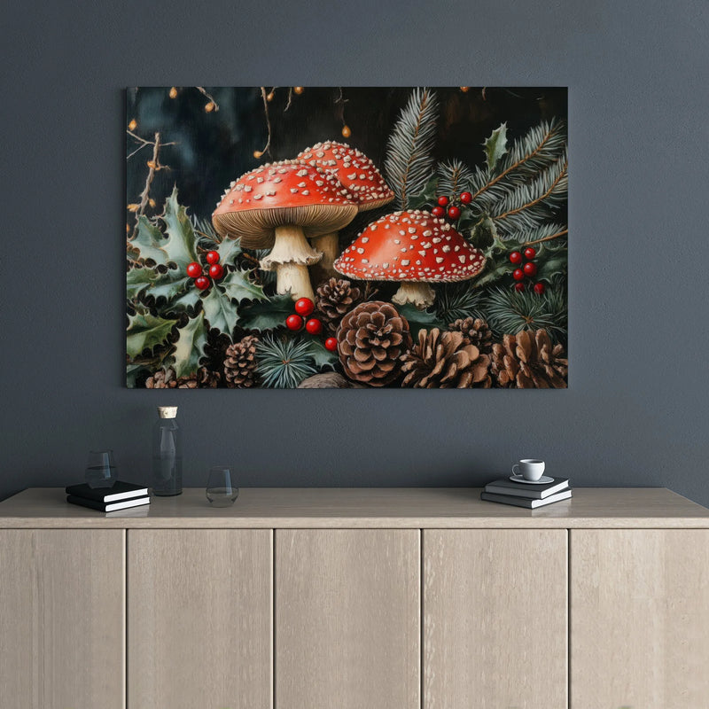 Red Amanita Mushroom Canvas Print, Christmas Mushroom Canvas Wall Art Digital Download, Cottagecore Woodland Mushroom Canvas Art Printable