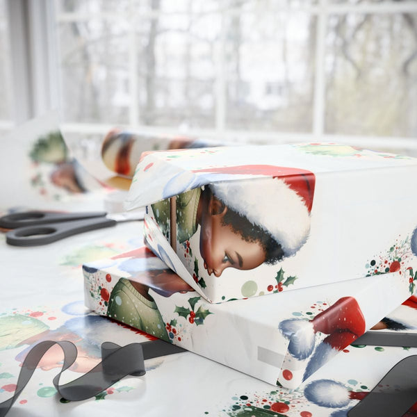 Christmas Holly Gift Wrap, Black Boy Santa Hat Wrapping Paper, African American Holiday Wrapping Paper, Festive Kids Present 