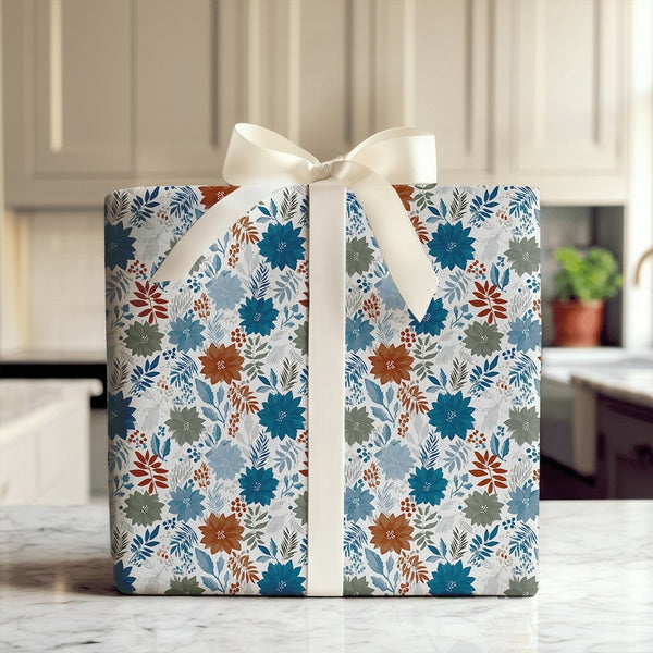 Festive Botanical Holiday Gift Wrap, Winter Poinsettia Christmas Wrapping Paper, Blue Floral Wrapping Paper, Holiday Wrapping