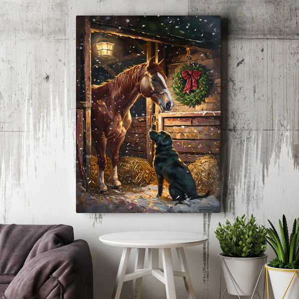 Snowy Barn Canvas Print, Horse and Black Labrador Christmas Canvas, Winter Farm Scene Wall Art, Holiday Dog Canvas Decor, Xma