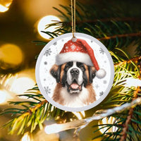 Dog in Santa Hat Ceramic Ornament, Saint Bernard Christmas Ornament, Snowy Winter Holiday Tree Keepsake, Giant Breed Dog Lover Present