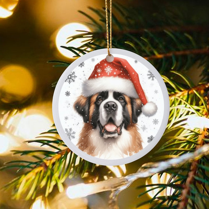 Dog in Santa Hat Ceramic Ornament, Saint Bernard Christmas Ornament, Snowy Winter Holiday Tree Keepsake, Giant Breed Dog Lover Present