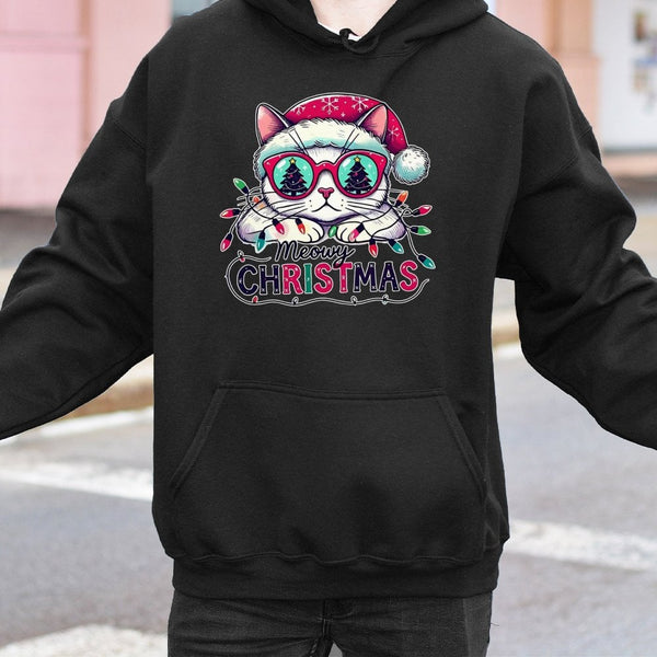 Santa Hat Cat Holiday Hoodie, Meowy Christmas Hoodie, Adorable Festive Kitten Hoodie, Humorous Cat Lover Xmas Graphic Hooded 