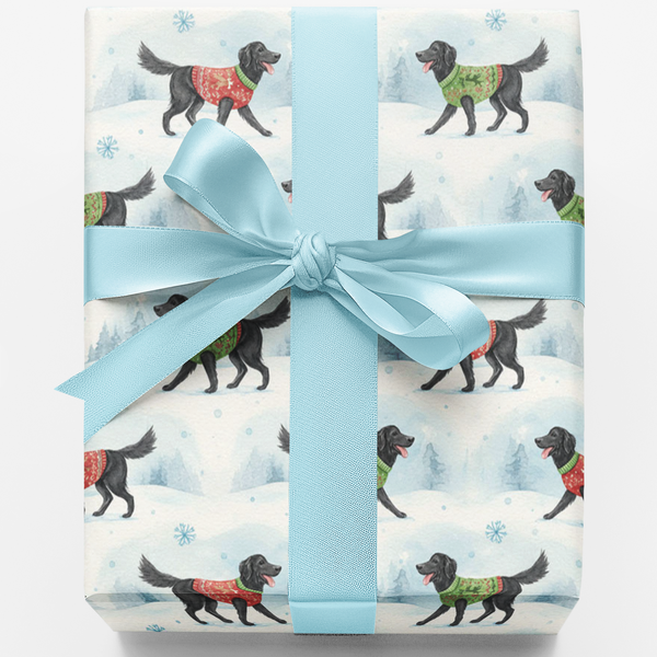 Watercolor Christmas Dog Gift Wrap, Flat-Coated Retriever Wrapping Paper, Retriever Holiday Wrapping Paper, Dog Lover Xmas Wr